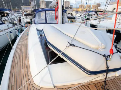 Deck of Tyche, a Beneteau Oceanis 46.1 sailboat at Rosignano Solvay, Italy