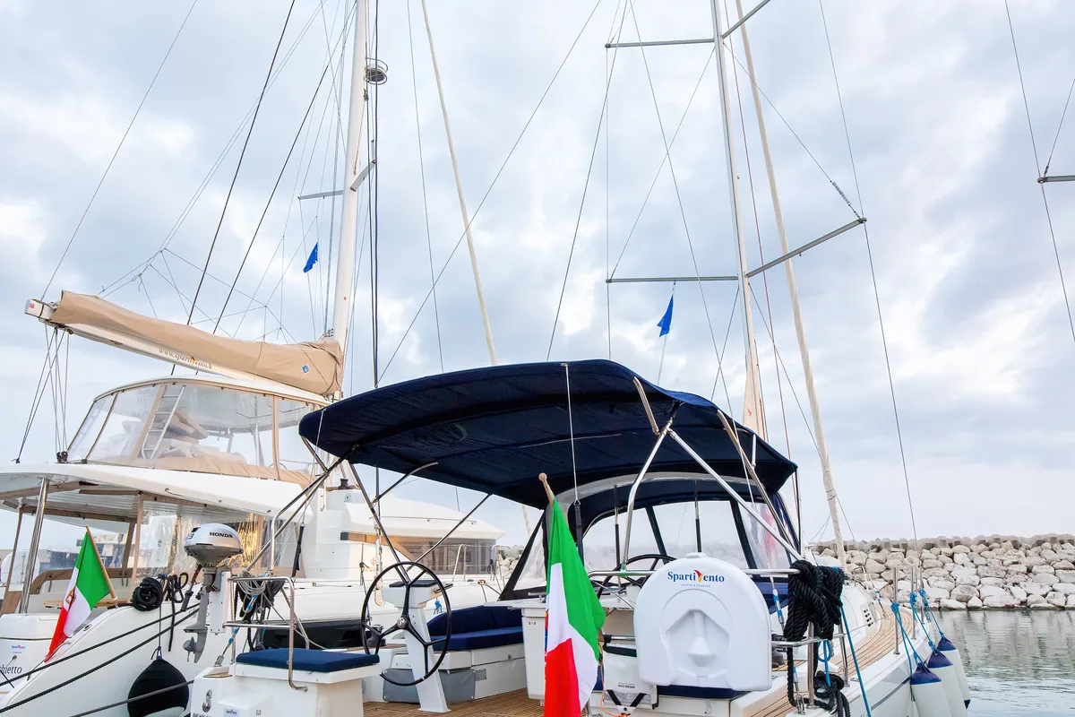 Exterior view of Tyche, a Beneteau Oceanis 46.1 sailboat at Rosignano Solvay, Italy