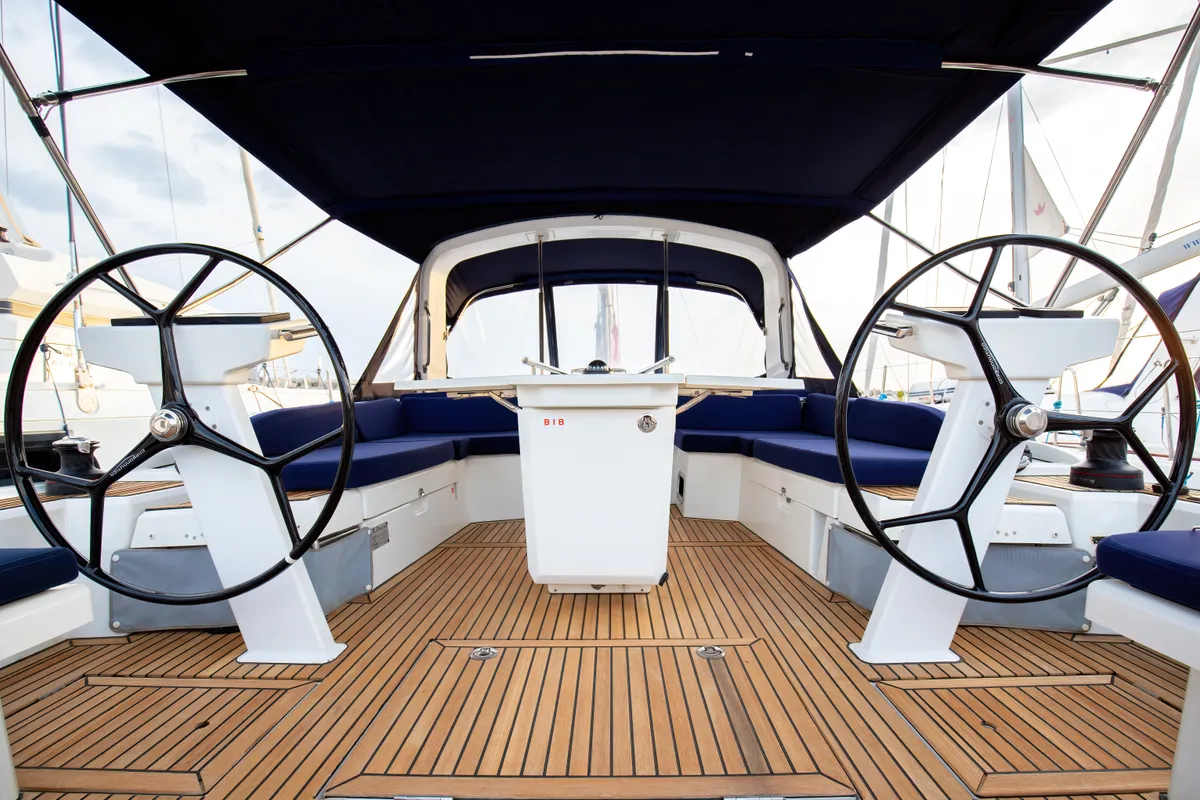 Cockpit of Tyche, a Beneteau Oceanis 46.1 sailboat at Rosignano Solvay, Italy