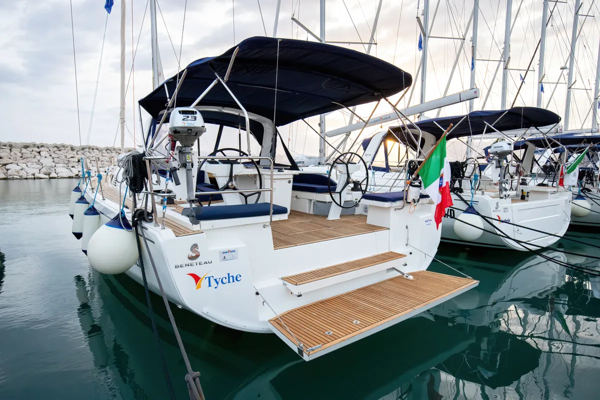 Exterior view of Tyche, a Beneteau Oceanis 46.1 sailboat at Rosignano Solvay, Italy