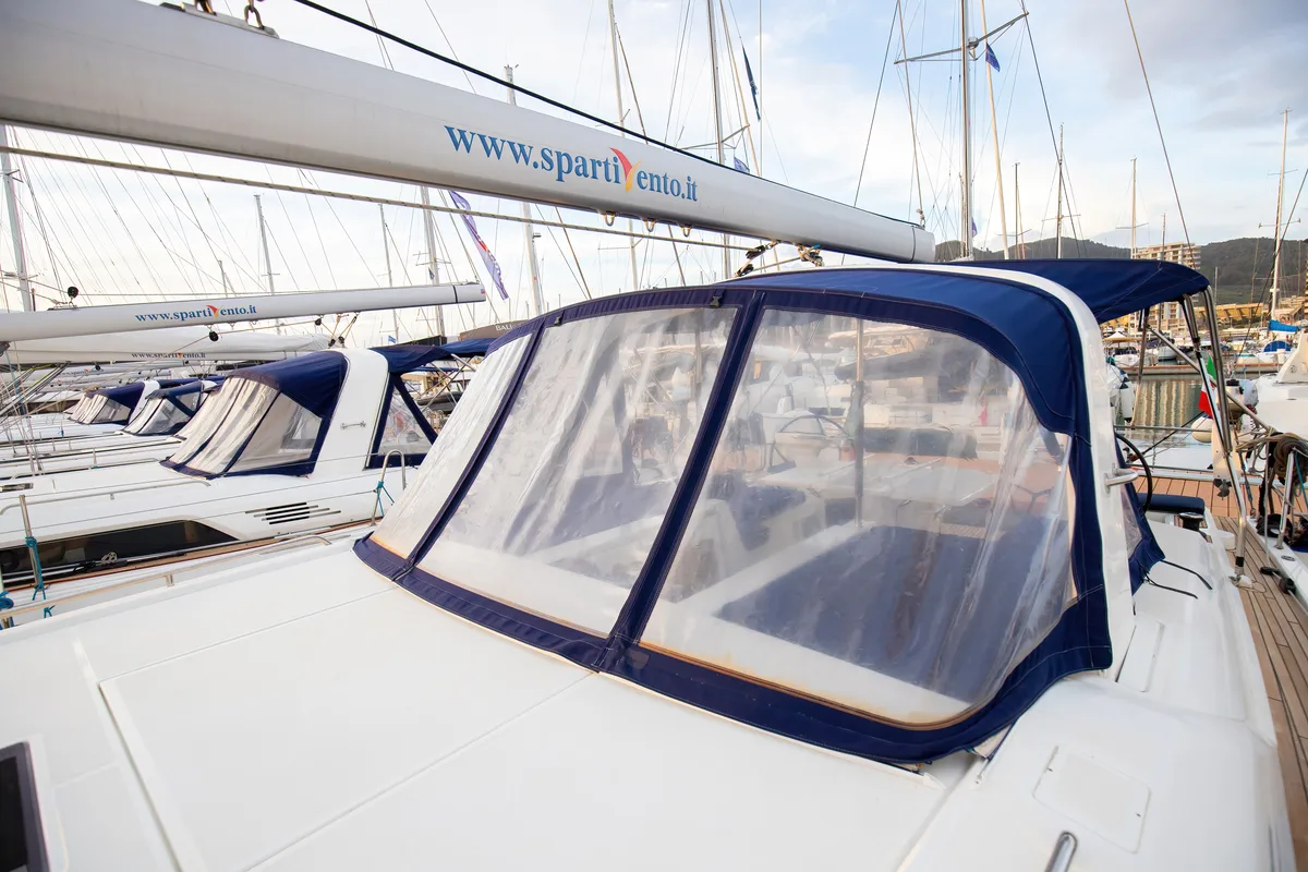 Deck of Tyche, a Beneteau Oceanis 46.1 sailboat at Rosignano Solvay, Italy