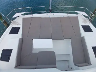 Deck of Ptarmigan, a Bali 4.4 catamaran at Central Abaco, Bahamas