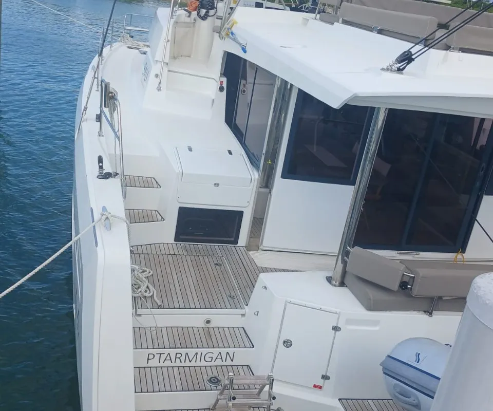Exterior view of Ptarmigan, a Bali 4.4 catamaran at Central Abaco, Bahamas