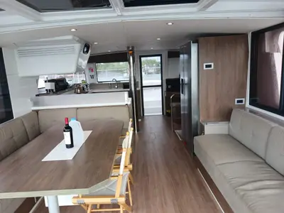 Salon of Ptarmigan, a Bali 4.4 catamaran at Central Abaco, Bahamas