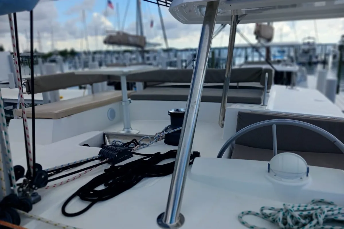 Cockpit of Ptarmigan, a Bali 4.4 catamaran at Central Abaco, Bahamas
