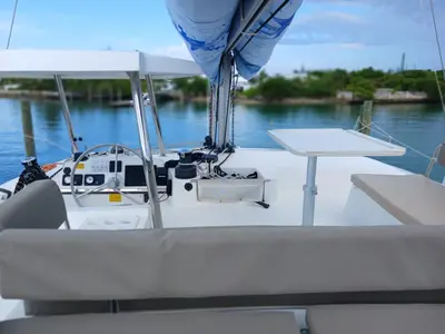 Cockpit of Ptarmigan, a Bali 4.4 catamaran at Central Abaco, Bahamas