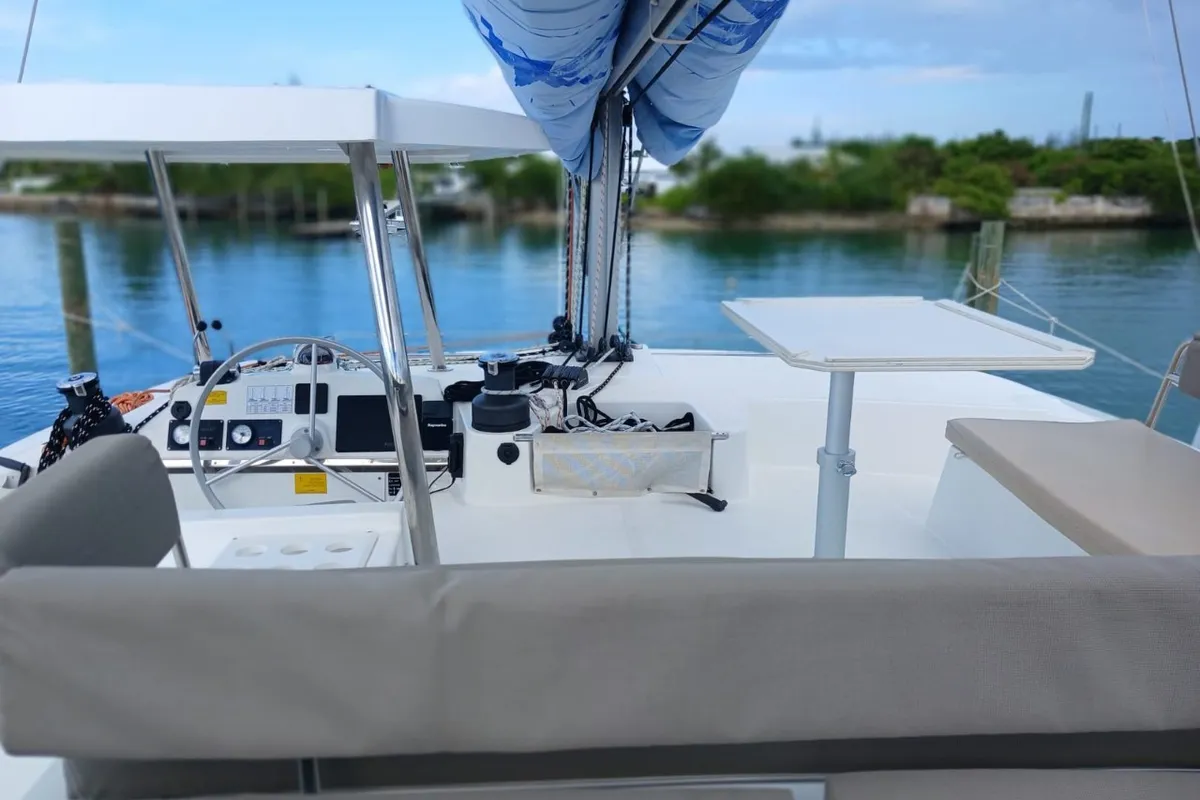 Cockpit of Ptarmigan, a Bali 4.4 catamaran at Central Abaco, Bahamas