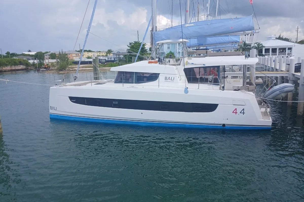 Exterior view of Ptarmigan, a Bali 4.4 catamaran at Central Abaco, Bahamas