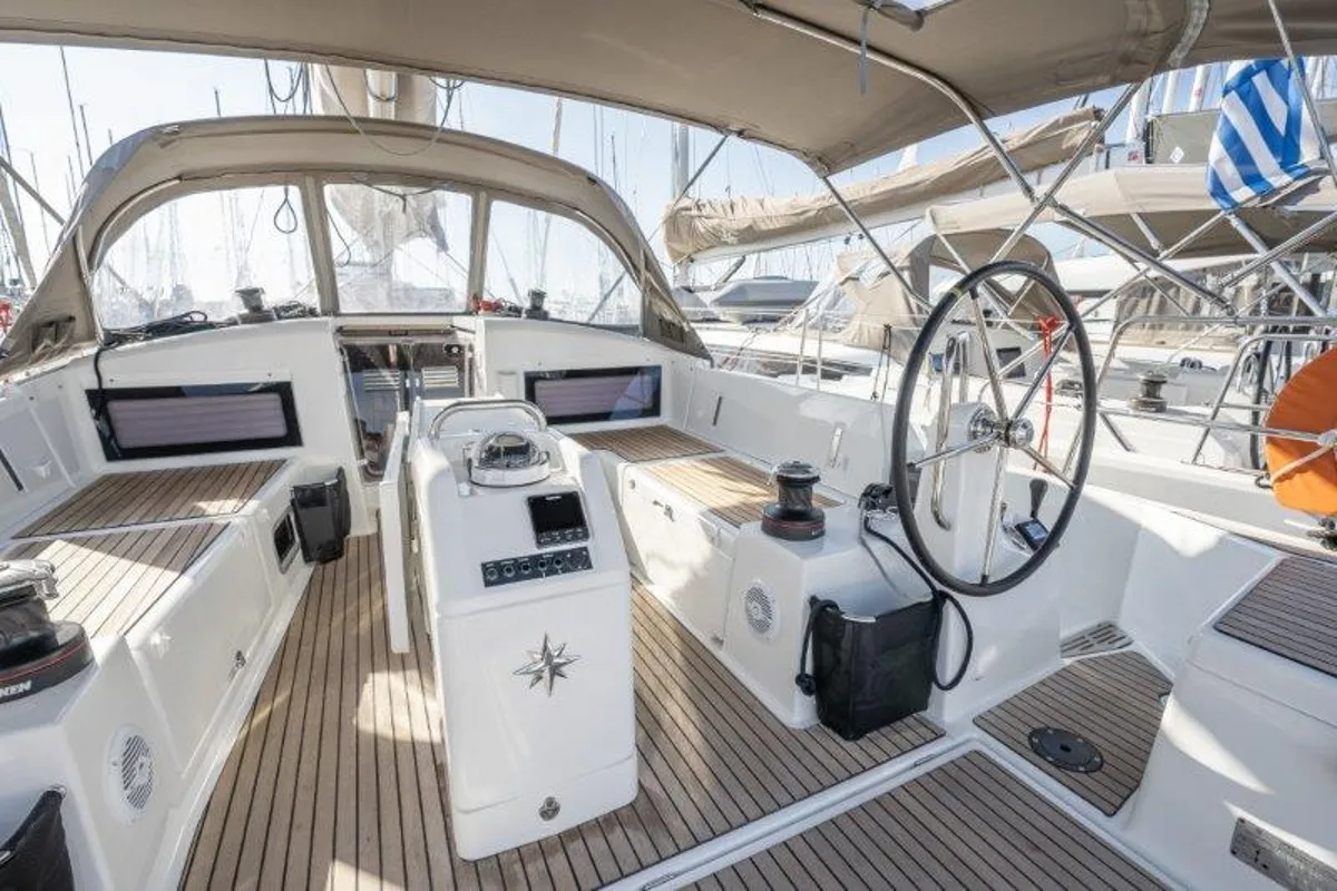 Cockpit of Almyra 440, a Jeanneau Sun Odyssey 440 sailboat at Marpissa, Greece