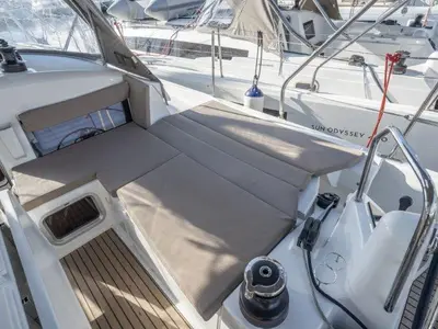 Deck of Almyra 440, a Jeanneau Sun Odyssey 440 sailboat at Marpissa, Greece