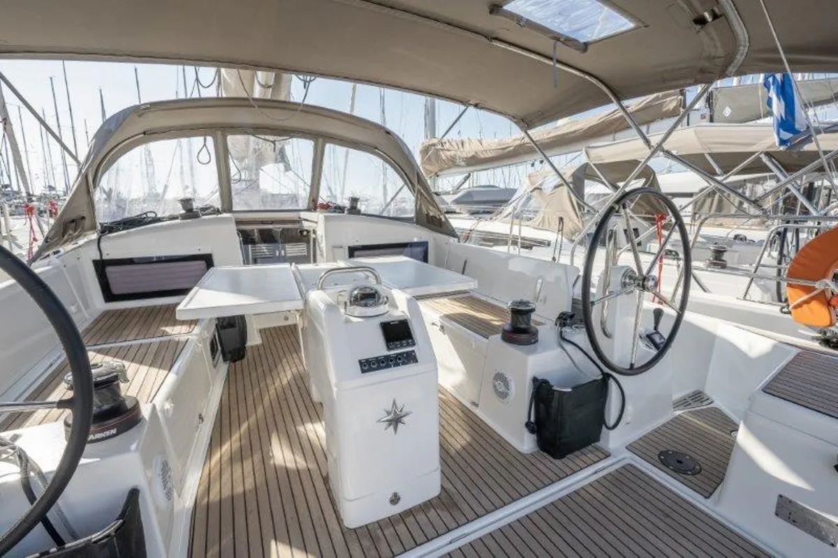Cockpit of Almyra 440, a Jeanneau Sun Odyssey 440 sailboat at Marpissa, Greece