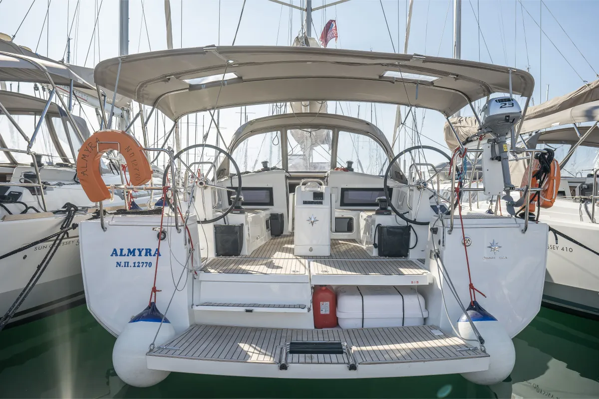 Cockpit of Almyra 440, a Jeanneau Sun Odyssey 440 sailboat at Marpissa, Greece