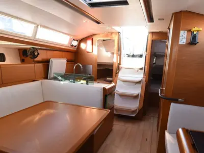 Salon of Pelagia, a Jeanneau Sun Odyssey 419 sailboat at Loutraki, Greece