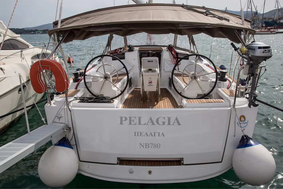 Cockpit of Pelagia, a Jeanneau Sun Odyssey 419 sailboat at Loutraki, Greece