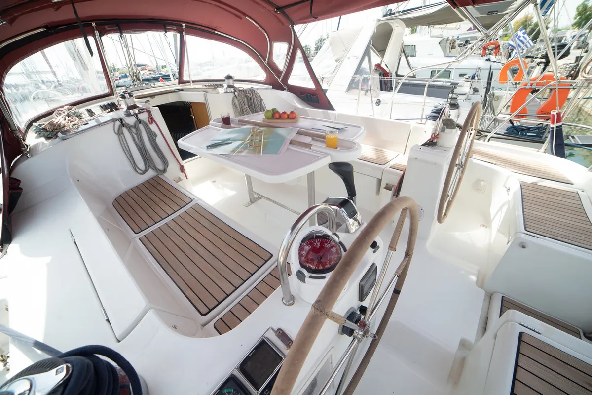 Cockpit of Vori, a Beneteau Oceanis Clipper 473 sailboat at Athens, Greece