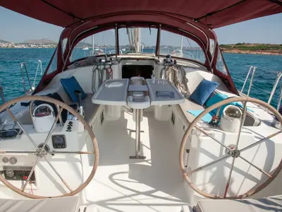 Cockpit of Vori, a Beneteau Oceanis Clipper 473 sailboat at Athens, Greece