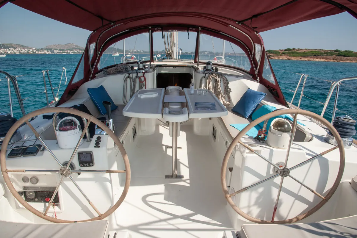 Cockpit of Vori, a Beneteau Oceanis Clipper 473 sailboat at Athens, Greece