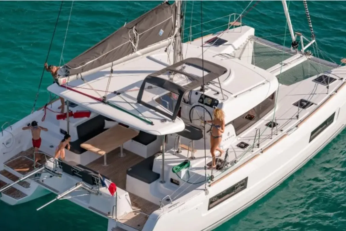 Exterior view of Falcon, a Lagoon 40 catamaran at Fethiye, Turkey