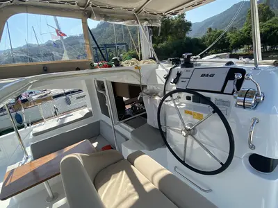 Cockpit of Falcon, a Lagoon 40 catamaran at Fethiye, Turkey