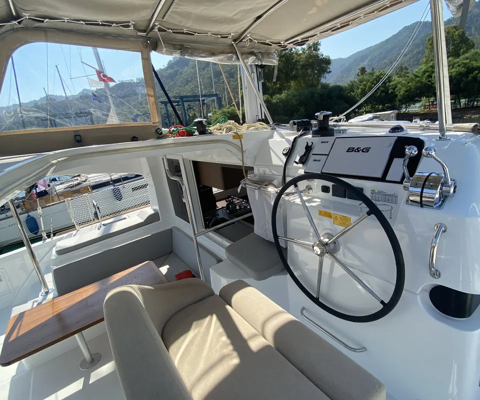 Cockpit of Falcon, a Lagoon 40 catamaran at Fethiye, Turkey