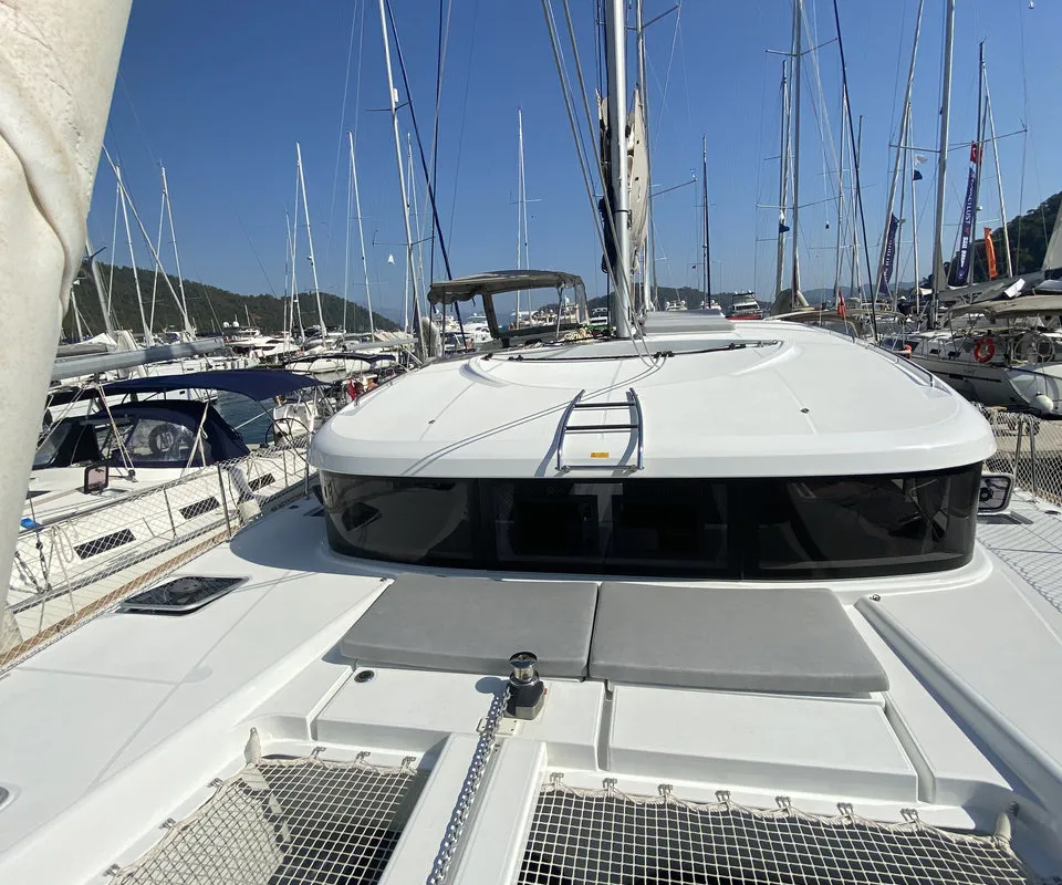 Deck of Falcon, a Lagoon 40 catamaran at Fethiye, Turkey