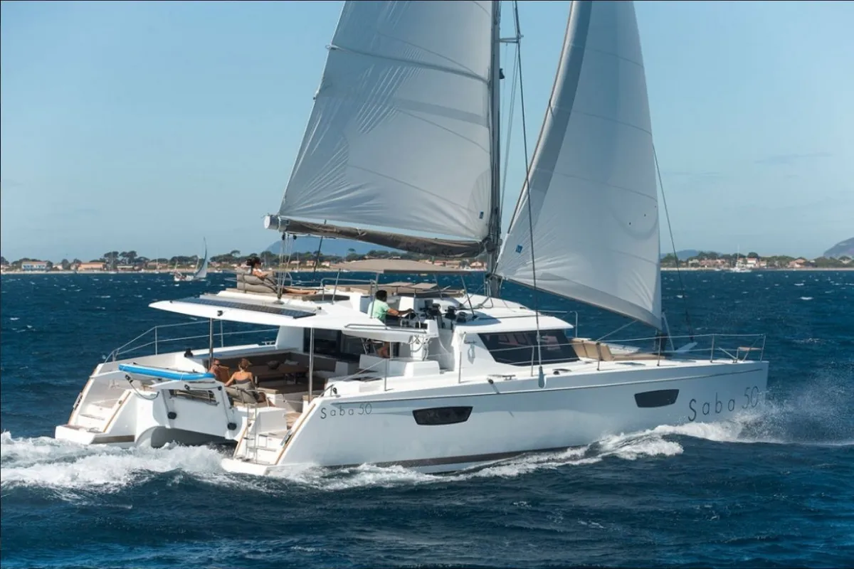 Exterior view of Serenity, a Fountaine Pajot Saba 50 catamaran at Cogolin, France