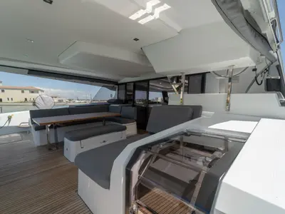 Deck of Kali II, a Fountaine Pajot Aura 51 catamaran at Capo d'Orlando, Italy
