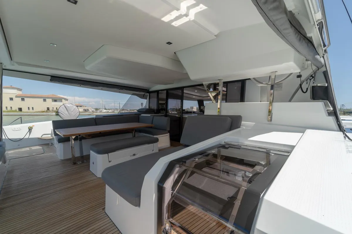 Deck of Kali II, a Fountaine Pajot Aura 51 catamaran at Capo d'Orlando, Italy