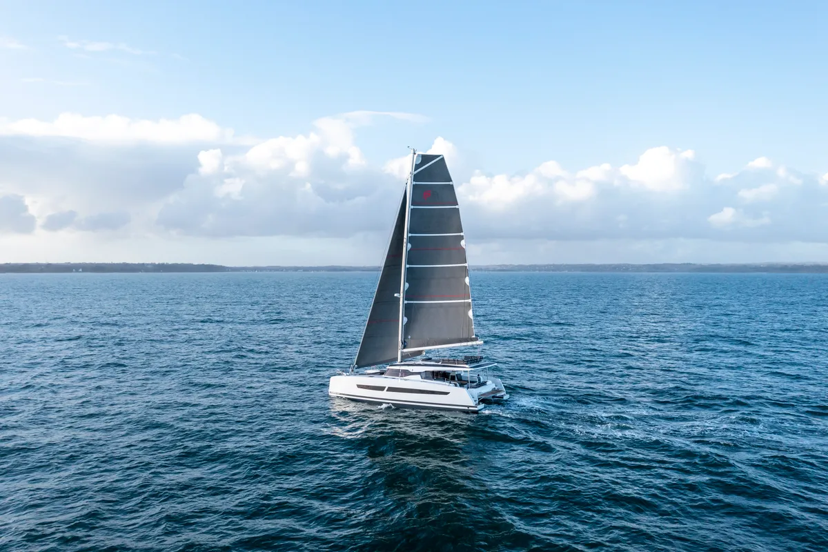 Exterior view of Kali II, a Fountaine Pajot Aura 51 catamaran at Capo d'Orlando, Italy