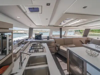 Galley of Kali II, a Fountaine Pajot Aura 51 catamaran at Capo d'Orlando, Italy