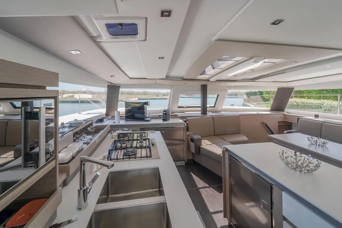 Galley of Kali II, a Fountaine Pajot Aura 51 catamaran at Capo d'Orlando, Italy