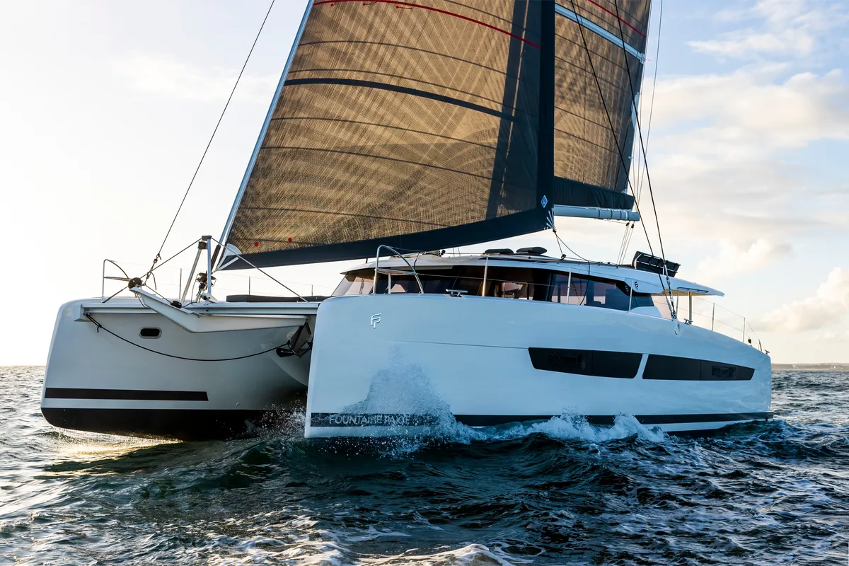 Exterior view of Kali II, a Fountaine Pajot Aura 51 catamaran at Capo d'Orlando, Italy