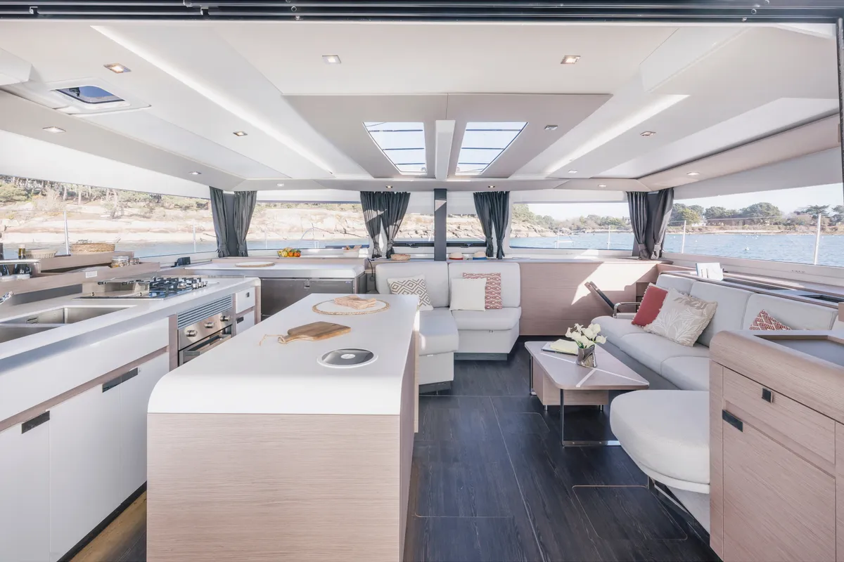 Salon of Kali II, a Fountaine Pajot Aura 51 catamaran at Capo d'Orlando, Italy