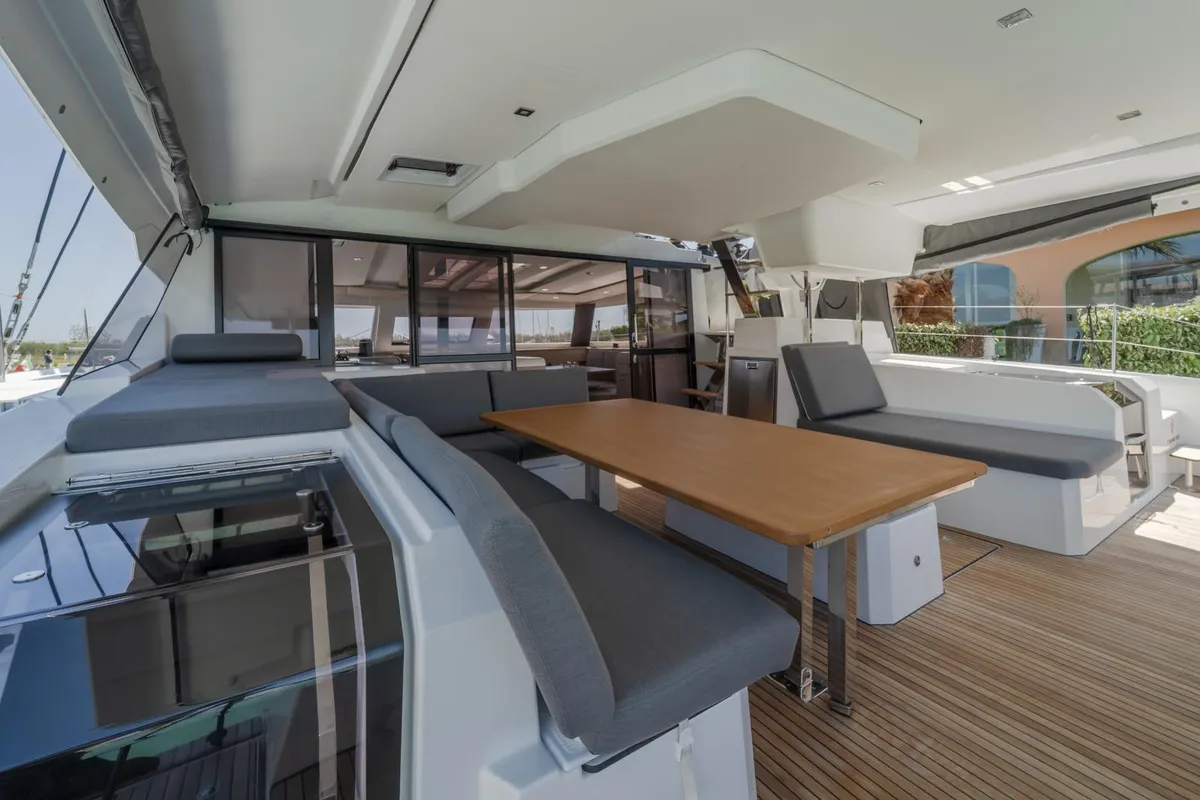 Deck of Kali II, a Fountaine Pajot Aura 51 catamaran at Capo d'Orlando, Italy