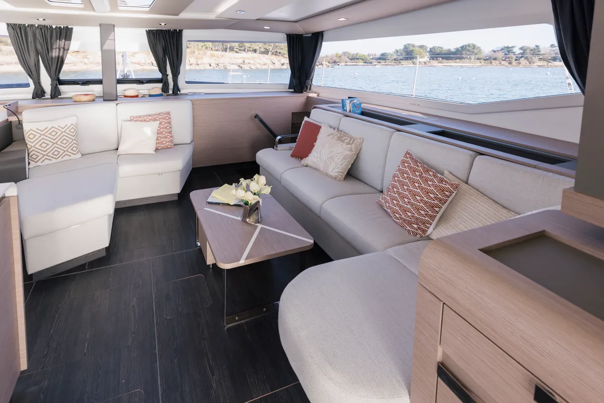 Salon of Kali II, a Fountaine Pajot Aura 51 catamaran at Capo d'Orlando, Italy