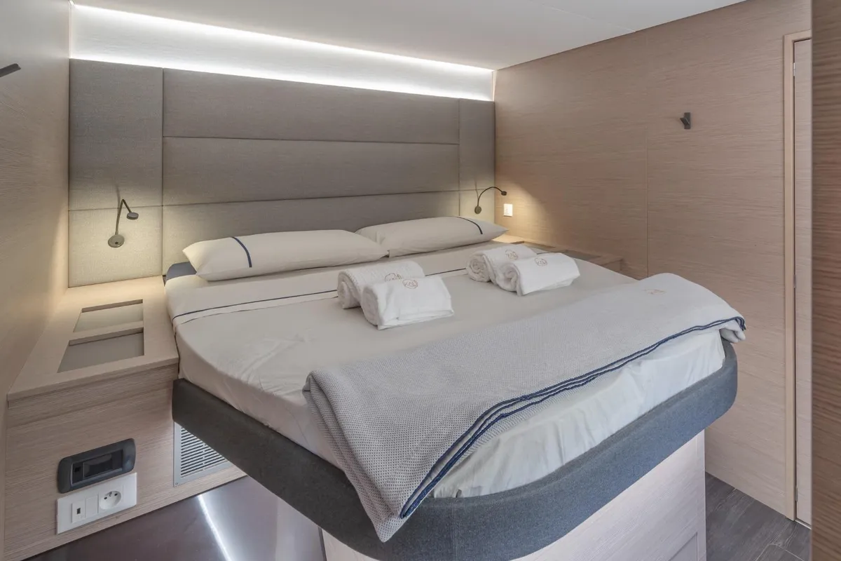 Cabin on Kali II, a Fountaine Pajot Aura 51 catamaran at Capo d'Orlando, Italy