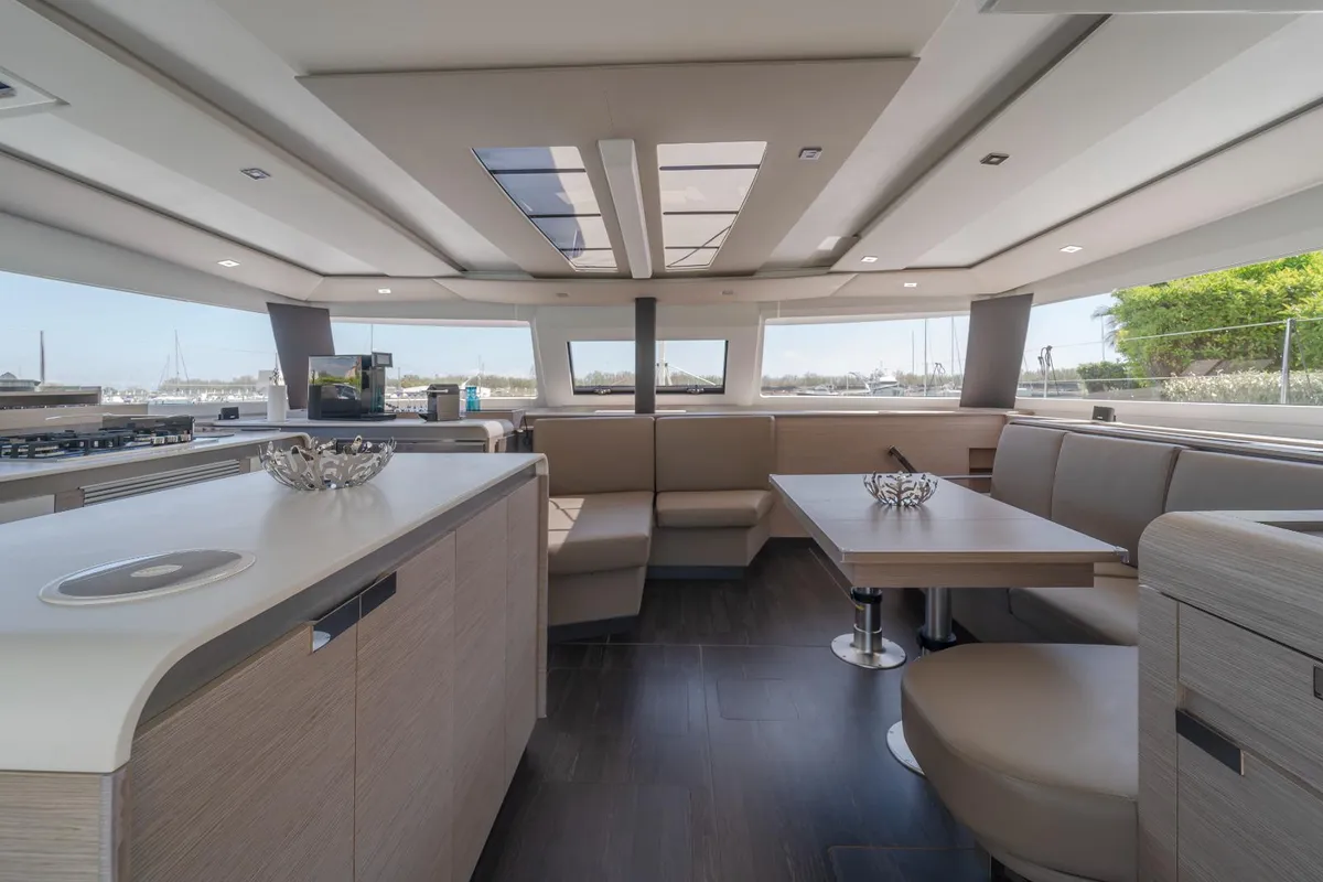 Salon of Kali II, a Fountaine Pajot Aura 51 catamaran at Capo d'Orlando, Italy
