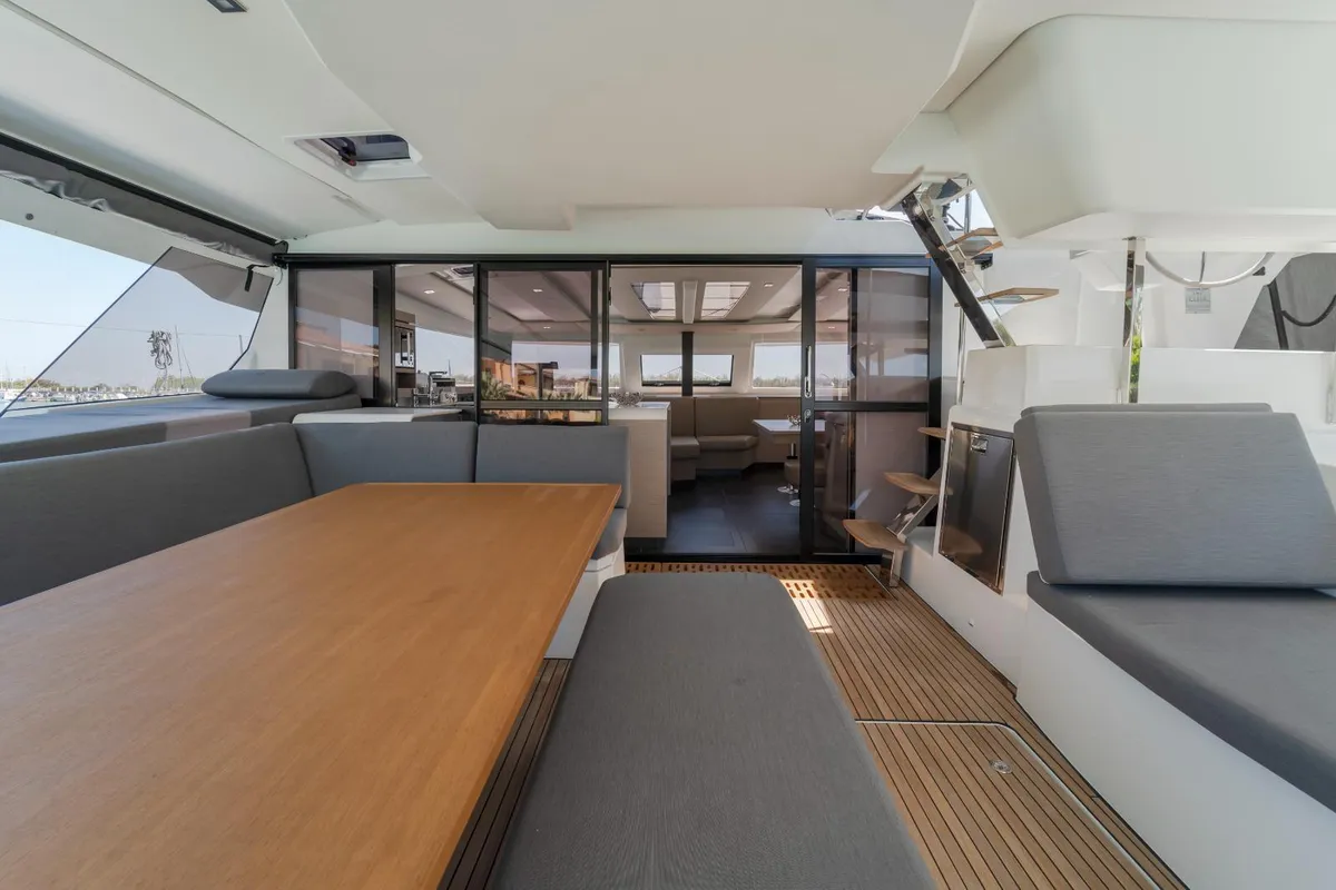 Deck of Kali II, a Fountaine Pajot Aura 51 catamaran at Capo d'Orlando, Italy