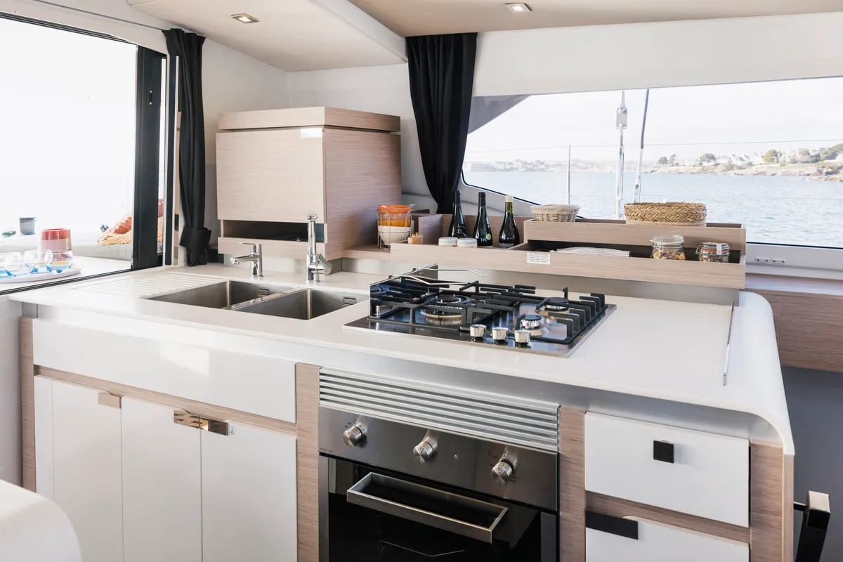 Galley of Kali II, a Fountaine Pajot Aura 51 catamaran at Capo d'Orlando, Italy