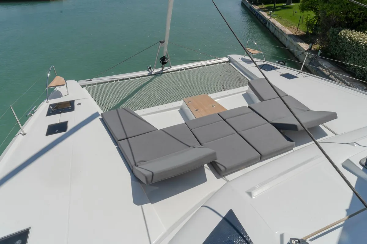 Deck of Kali II, a Fountaine Pajot Aura 51 catamaran at Capo d'Orlando, Italy