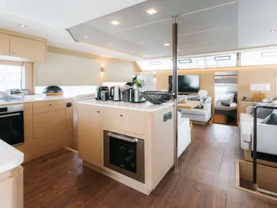 Galley of TiAmo, a Aquila 54 Yacht catamaran at Lavrion Marina, Greece