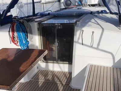Deck of Jasmine, a Beneteau Oceanis 38.1 sailboat at Procida, Italy