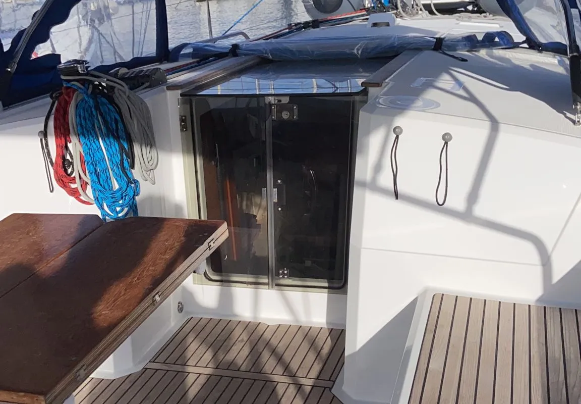 Deck of Jasmine, a Beneteau Oceanis 38.1 sailboat at Procida, Italy