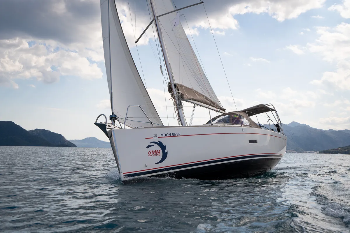 Exterior view of Moon River, a Dufour 335 Grand Large sailboat at Marmaris, Turkey