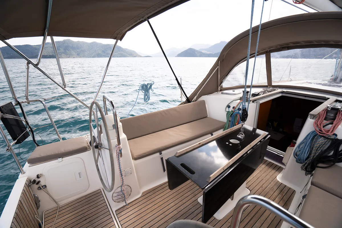 Cockpit of Moon River, a Dufour 335 Grand Large sailboat at Marmaris, Turkey