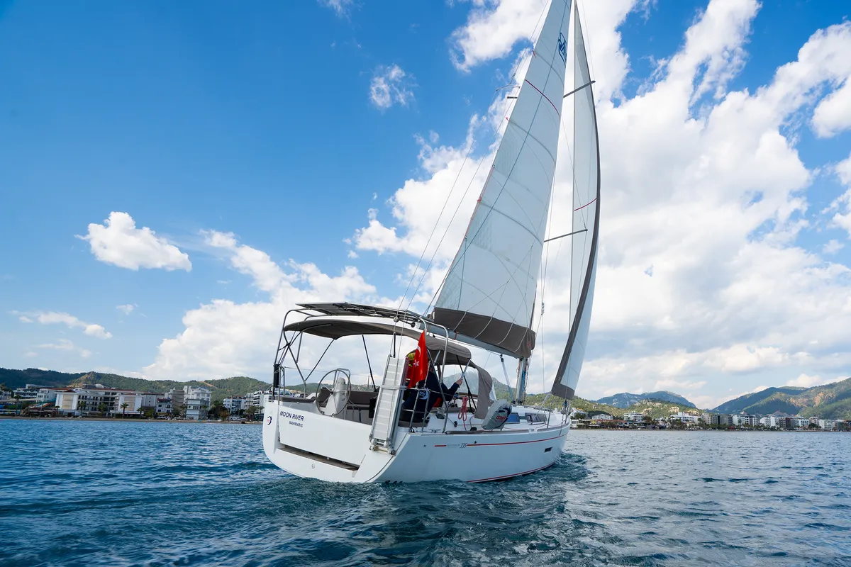 Exterior view of Moon River, a Dufour 335 Grand Large sailboat at Marmaris, Turkey