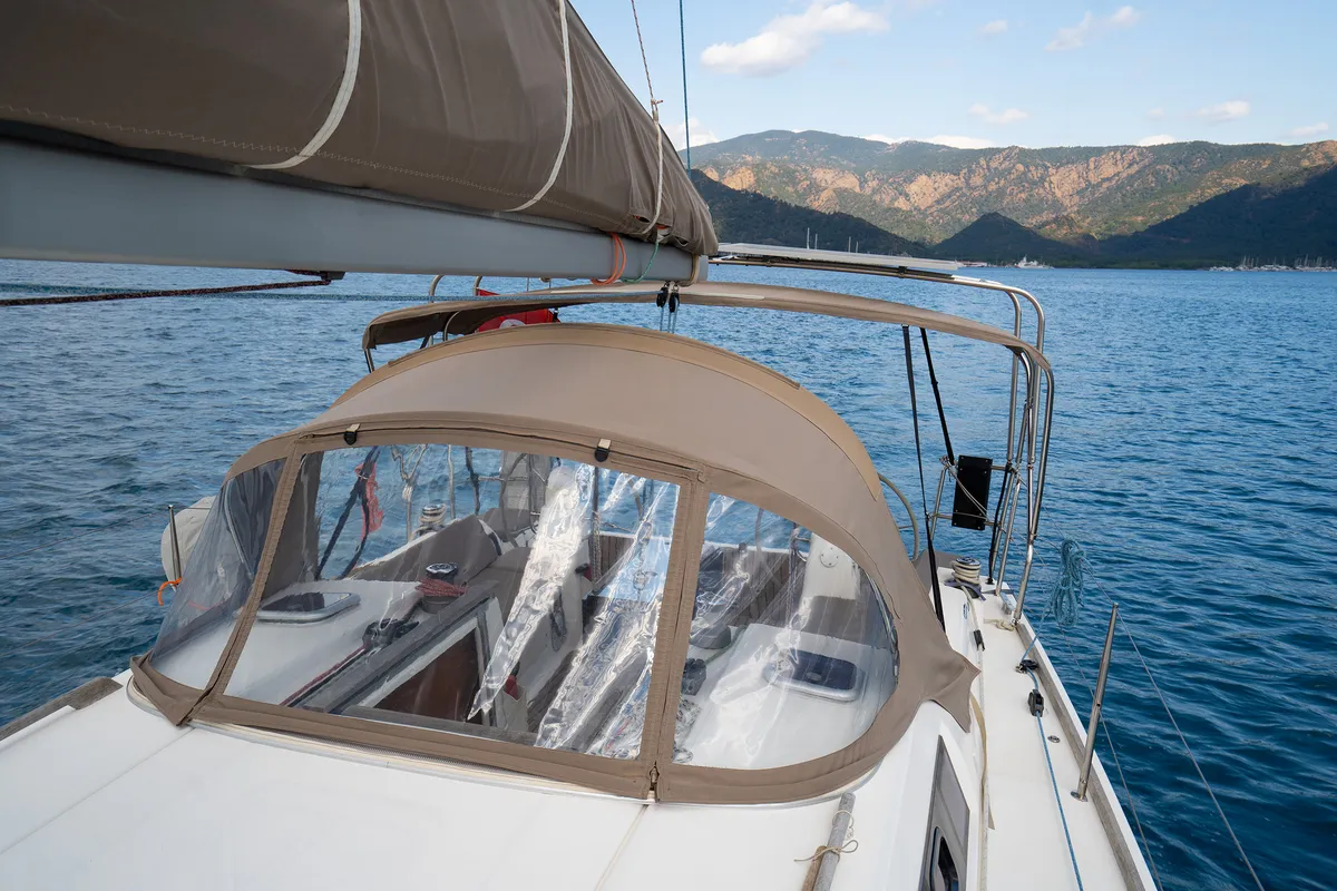 Deck of Moon River, a Dufour 335 Grand Large sailboat at Marmaris, Turkey
