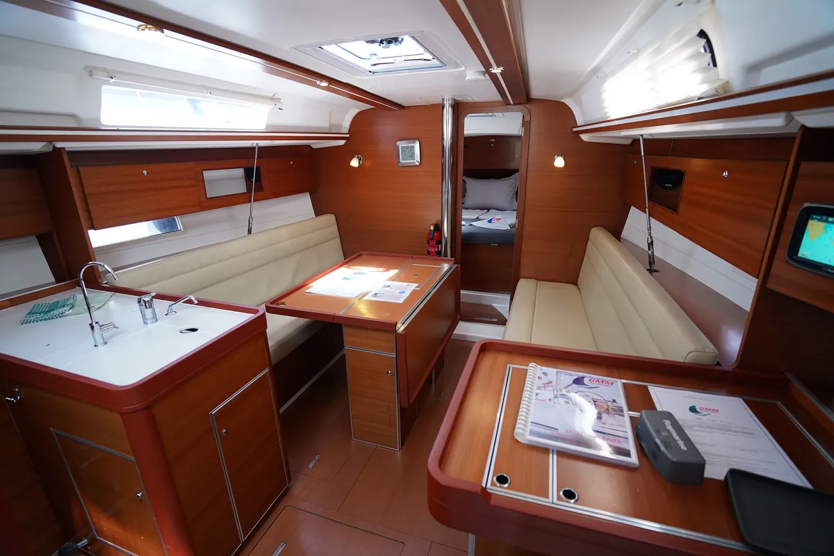 Salon of Moon River, a Dufour 335 Grand Large sailboat at Marmaris, Turkey