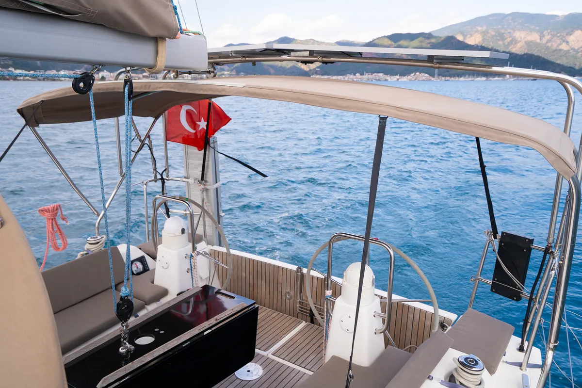 Cockpit of Moon River, a Dufour 335 Grand Large sailboat at Marmaris, Turkey
