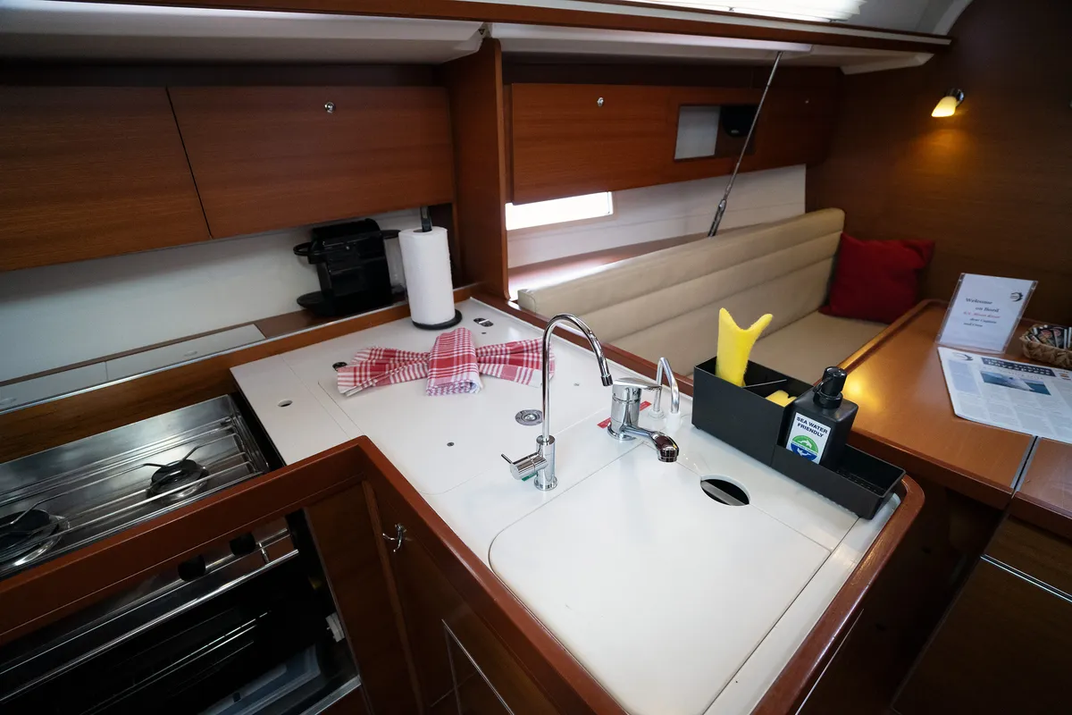 Galley of Moon River, a Dufour 335 Grand Large sailboat at Marmaris, Turkey